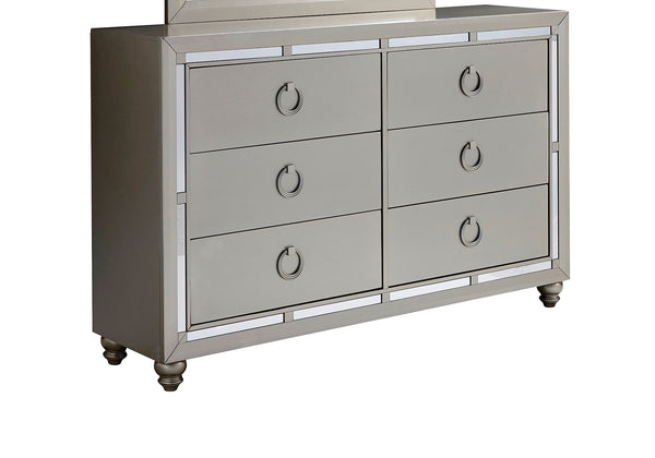 English Elm CHLOE Mirrored Gemstone Silver Chest with Spacious Drawers, Bun Feet and Center Metal Glide Elegance Silver+Grey 65 L x 19.75 W x 39 H B201P215914