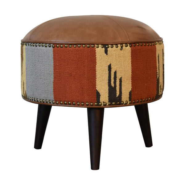 English Elm Solid Buffalo Leather Durrie Fabric Cube Footstool with Walnut Nordic Tapered Legs B182P280809