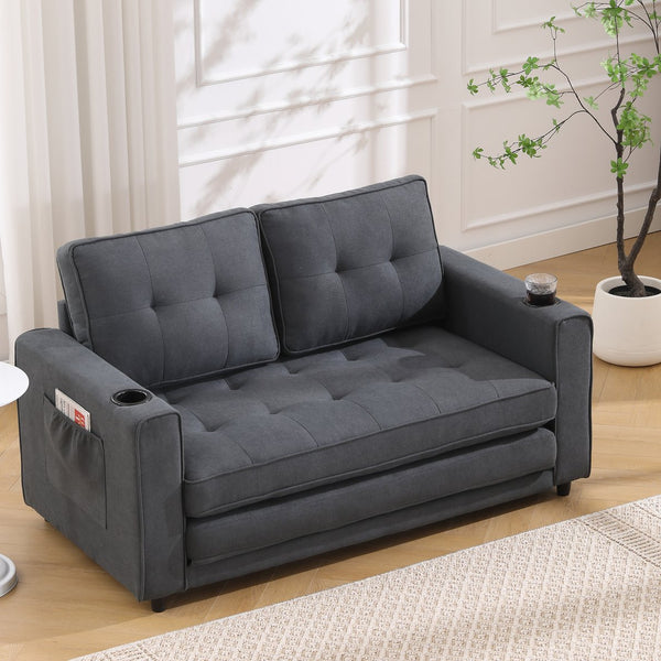 English Elm {VIDEO 3-in-1 Upholstered Futon Sofa Bed Convertible Loveseat with Tufted Back, Cup Holders & Side Pockets Dark Gray W2325P183181