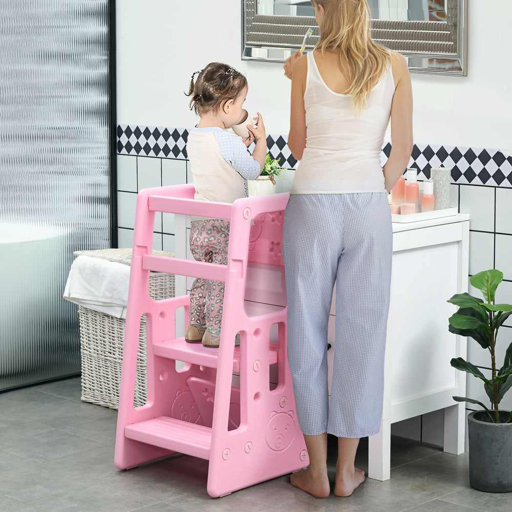 English Elm Qaba Adjustable Toddler Tower with 3 Heights, Anti-Slip Pads & Handrails, Easy-Clean Pink Step Stool W2225P200489