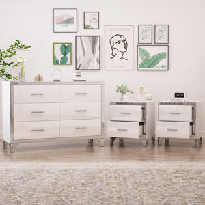English Elm 3-Pieces Modern Dresser and Two Nightstands with Mirrored Trim, Metal Handles, Spacious Storage White 55.71 L x 19.29 W x 10.63 H N733S205355K