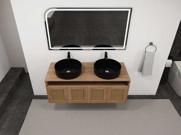 English Elm 48" Modern Wall-Mounted Bathroom Vanity With Black Ceramic Art Sink & Soft-Close Doors, Plywood W999S00400