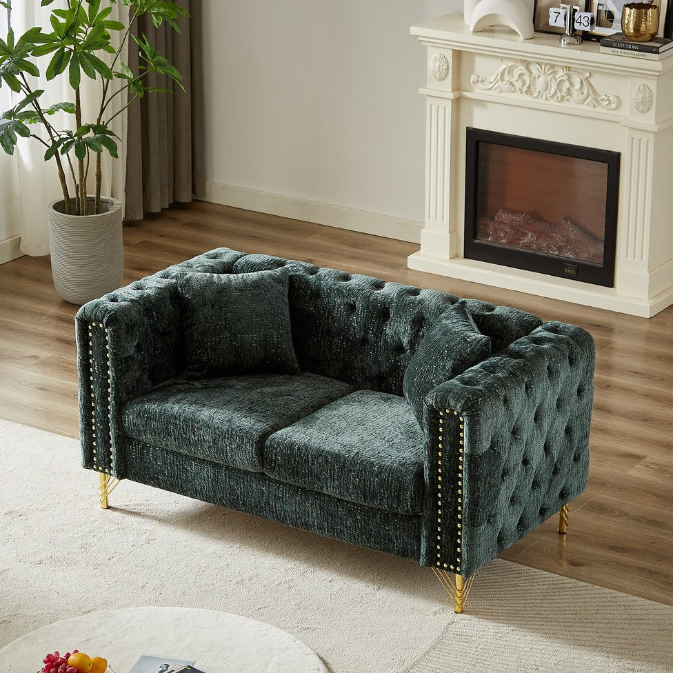 English Elm 60-Inch Chenille Sofa with Tufted Buttons, Copper Nail Trim, Metal Legs, Solid Wood Frame, Modern Upholstered Couch W834S00299