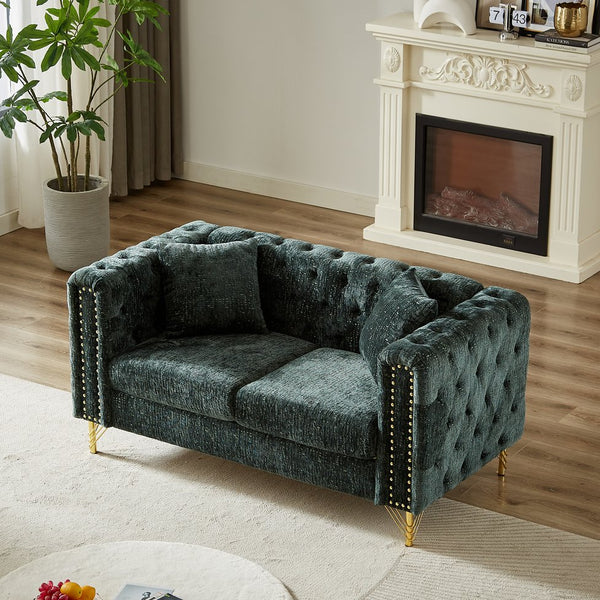 English Elm 60-Inch Chenille Sofa with Tufted Buttons, Copper Nail Trim, Metal Legs, Solid Wood Frame, Modern Upholstered Couch W834S00299