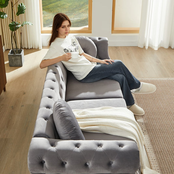 English Elm Velvet Chesterfield Tufted Sofa with Copper Stud Trim and Gold Legs for Glam Living Grey W834S00633