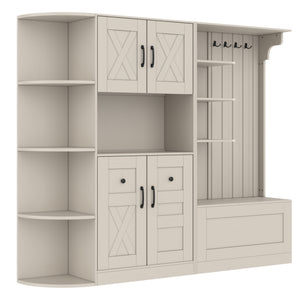 English Elm Multifunctional Modular Hall Tree Cabinet with Open Shelves and Hooks for Entryway Beige W1580S00565