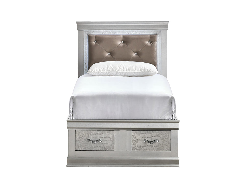 English Elm Lorana Glam Twin Storage Bed with Led Lighting and Tufted Faux Leather Headboard Silver B078S00686