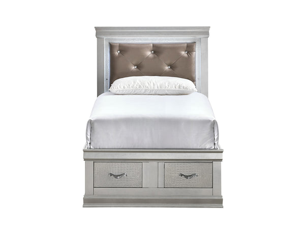 English Elm Lorana Glam Twin Storage Bed with Led Lighting and Tufted Faux Leather Headboard Silver B078S00686