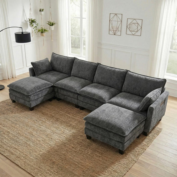 English Elm Modern Chenille Three Seat Sofa with Ottoman Usb Charging Ports and Storage Pockets Dark Grey W2519S00003