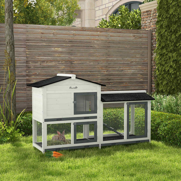English Elm Pawhut Two-story Wooden Rabbit Hutch Outdoor Fir Frame Run Area Asphalt Roof W2225P249602