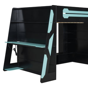 English Elm Full Size Wood Loft Bed with Rgb Lighting Desk Storage and Gaming Console Shelf Blue LT000260AAC
