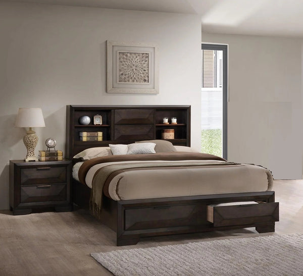 English Elm Modern Espresso Queen Bed Set with Bookcase Headboard Footboard Storage and Nightstands B2741S00899