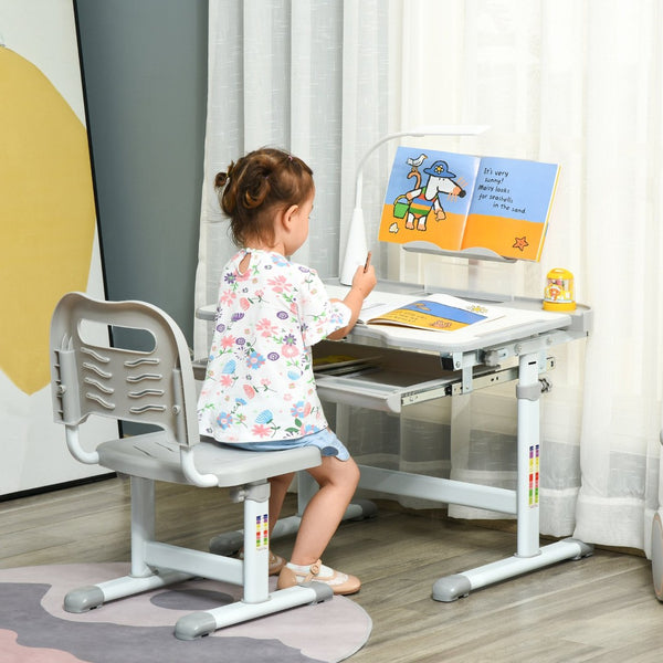 English Elm Qaba Kids Desk And Chair Set - Ergonomic Study Station With Usb Light, Storage Drawer, Gray & White W2225P249749-GIGA