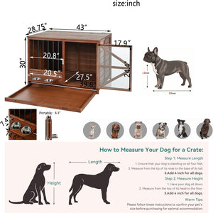 English Elm 43" Solid Pine Dog Crate End Table with Walnut Finish and Rotating Feeder Bowl N843P322022W