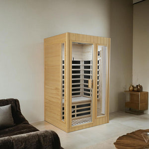English Elm Hemlock Wood Two Person Far Infrared Indoor Sauna with Bluetooth and Led Lighting W2611S00002
