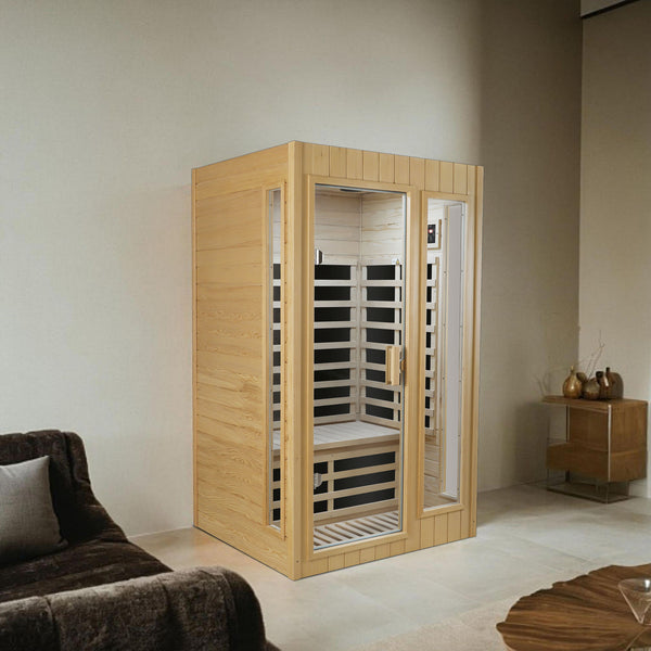 English Elm Hemlock Wood Two Person Far Infrared Indoor Sauna with Bluetooth and Led Lighting W2611S00002