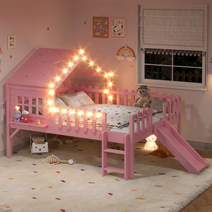 English Elm Twin Playhouse Loft Bed Solid Pine Frame with Slide Led Lights and Star Roof Pink W5316S00006