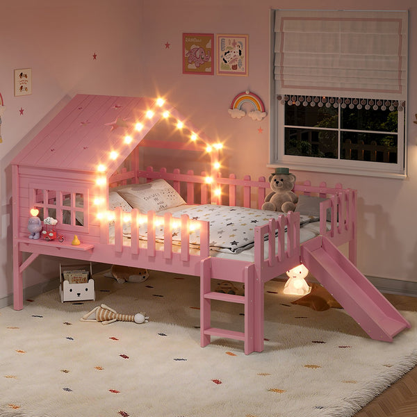 English Elm Twin Playhouse Loft Bed Solid Pine Frame with Slide Led Lights and Star Roof Pink W5316S00006