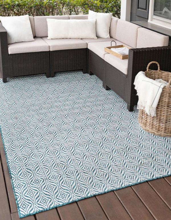 Unique Loom Outdoor Trellis Deco Trellis Machine Made Trellis Rug Teal, Ivory 8' 0" x 11' 4"