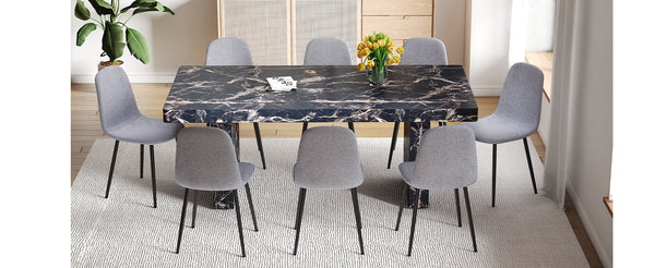 English Elm Table and Chair Set Seats Eight with Marble Pattern Mdf Top Brown Fabric Dining W1151S04134