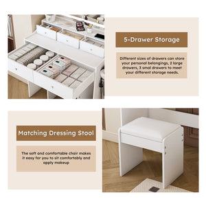 English Elm New Large Mirror Vanity Desk with 5 Drawers, Built-In Outlet & Hairdryer Holder, 3-Mode LED Lighting White W509P339034