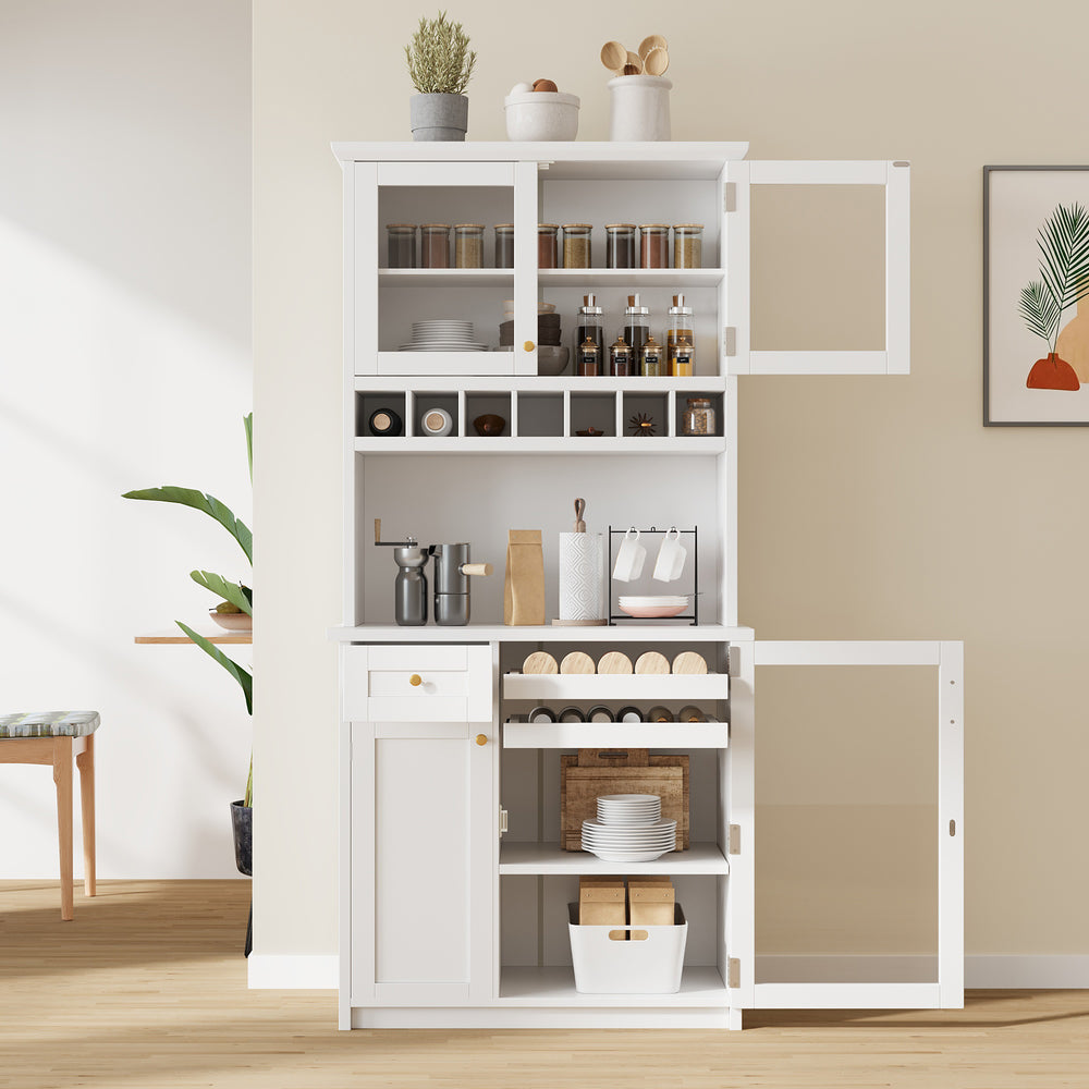 English Elm Topmax Farmhouse Buffet Hutch with Wine Rack Shaker Glass Pantry Cabinet White N717P327043K