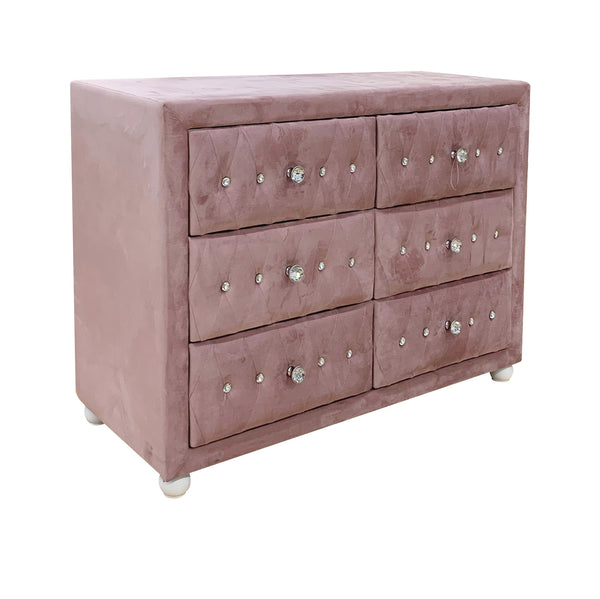 English Elm Reggie Pink Fabric Dresser with 6 Spacious Drawers, Upholstered Soft Fabric, Durable Wood Blend, 70lb Top Capacity, Smooth Metal Glide, Dovetail Construction, Safety Stop Included B2726P286648