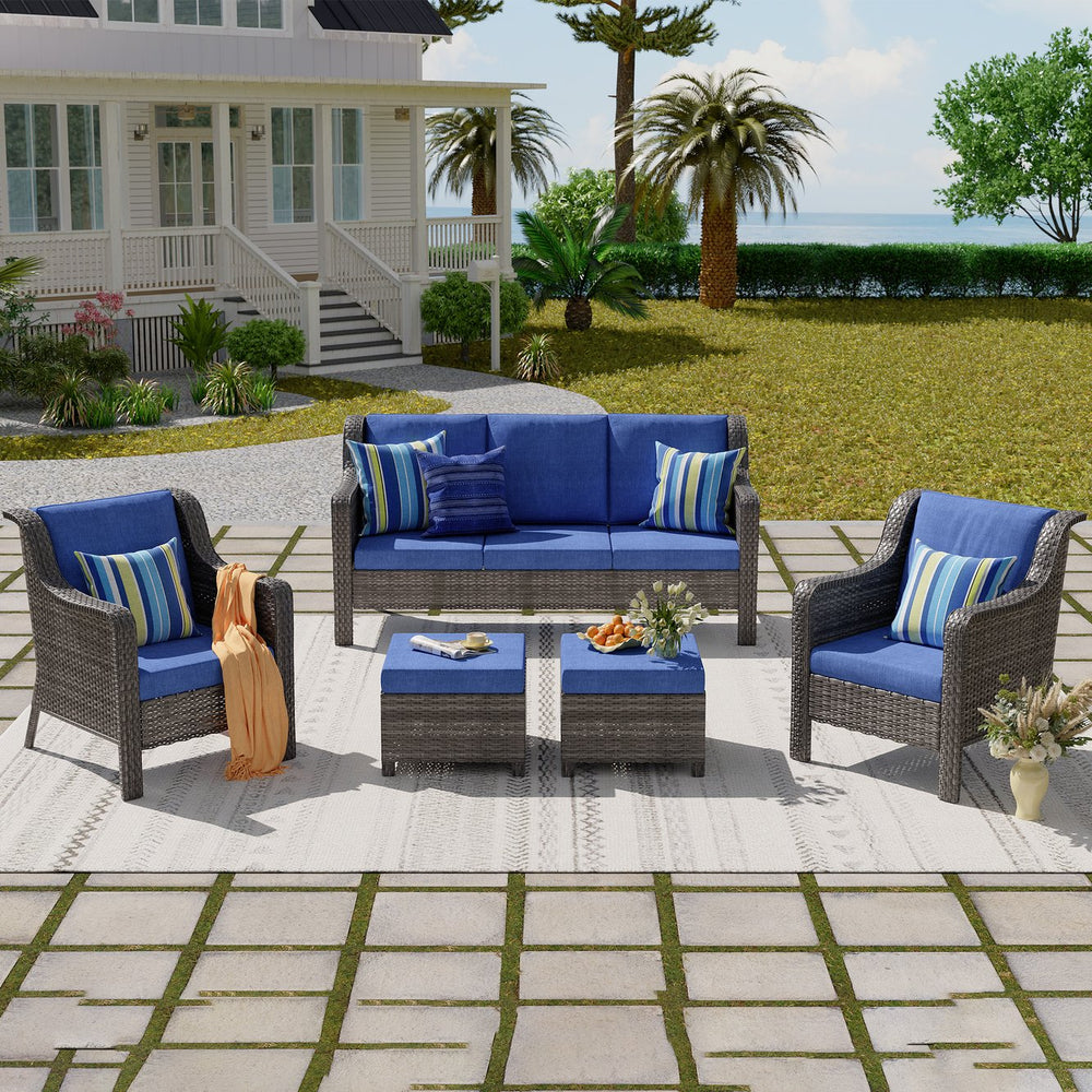 English Elm Jb Five Piece Outdoor Wicker Set with Swivel Chairs Footstools and Resort Style Seating W5382S00011