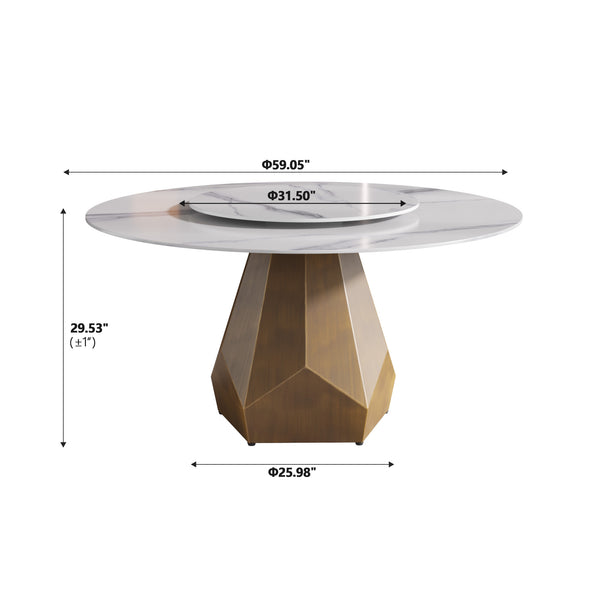 English Elm 59.05" Round Artificial Marble Dining Table With Metal Base & Turntable For 6-8 People, White Elegance W1535S00376