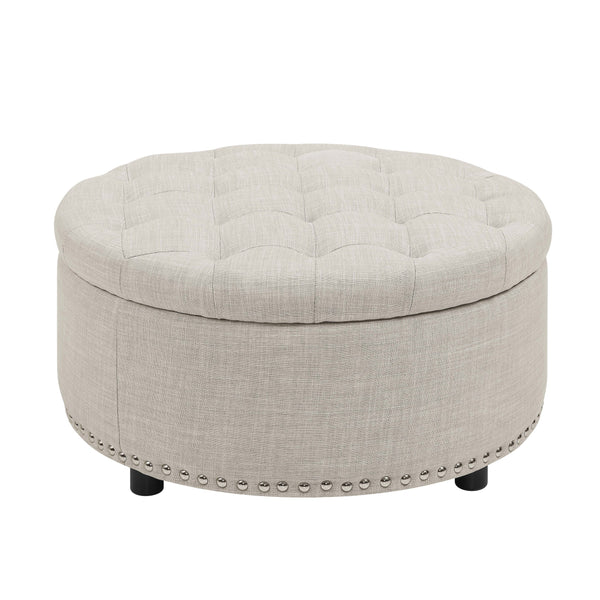 English Elm Tufted Linen Square Ottoman with Lift Top Storage Nailhead Trim Living Room Almond B2748P481670