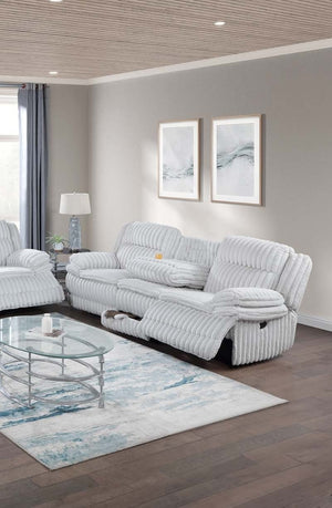 English Elm Beautiful Upholstered Light Gray Fur-Like Corduroy Motion Sofa with Drop-Down Console, Cup Holders, Storage, Manual Recline, 93" B011P335872