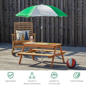 English Elm Outsunny Solid Fir Wood Kids Picnic Table with Shade Umbrella and Sand Basin W2225P217336
