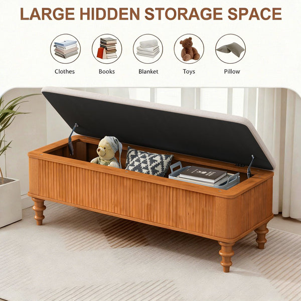 English Elm 50.8-inch Linen Upholstered Storage Bench Rubberwood Frame Lift Top Bedroom Entryway W1716P409897