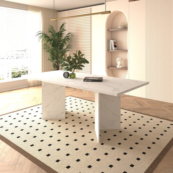 English Elm Extendable Faux Marble Dining Table with V-Legs — Sleek Expandable Conference & Kitchen Centerpiece for 6–10 White W1347S00015