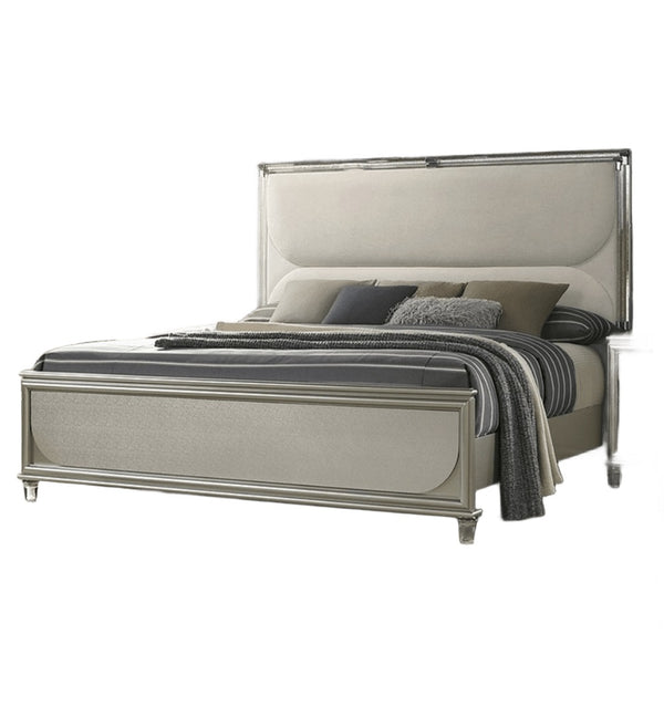 English Elm Glamorous Luxury Fabric Upholstered Queen Bed with LED Headboard, Embossed Panels & 2 Nightstands Set Silver 33 L x 21 W x 28 H B2741S00359