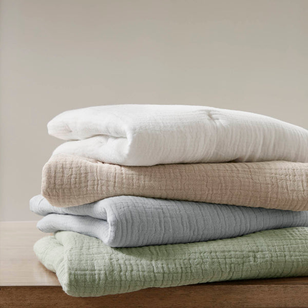 English Elm 3-piece King Cotton Muslin Quilt Set with Embroidered Tacking Breathable Crinkled Bedding B035P408344