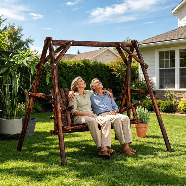 English Elm Wooden Fir Log A-frame Porch Swing Freestanding 2 Seat with Built-in Center Table T3971S00230