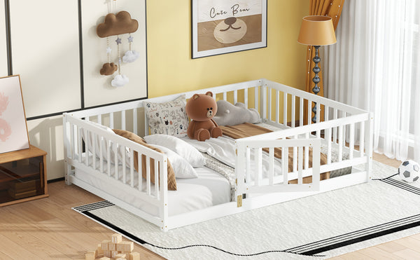 English Elm Full Size Pine Montessori Floor Bed with Fence & Removable Door, Sturdy Kids Bed White Playhouse W1820P349301