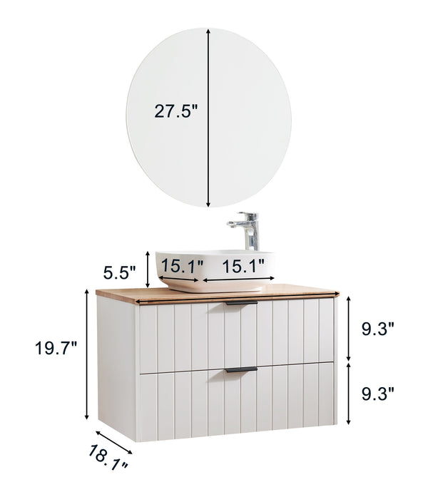 English Elm 32-Inch Modern Minimalist Wall-Mounted Bathroom Vanity With Solid Wood Top And Square Ceramic Sink W3151S00009
