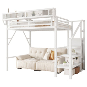 English Elm Twin Twin Size Loft Bed with Stairs and Built-In Shelves, Metal High Loft with Wardrobe for Kids Teens White W2580S00036