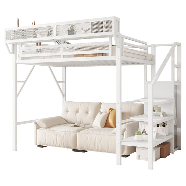 English Elm Twin Metal High Loft Bed with Staircase Storage Wardrobe for Kids and Teens White W2580S00061