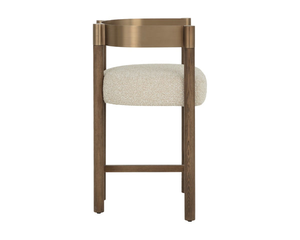 Sunpan MANOLO Counter Stool - Elegant Santa Cruz Oatmeal Fabric with Antique Brass Accents & Warm Wood 112547