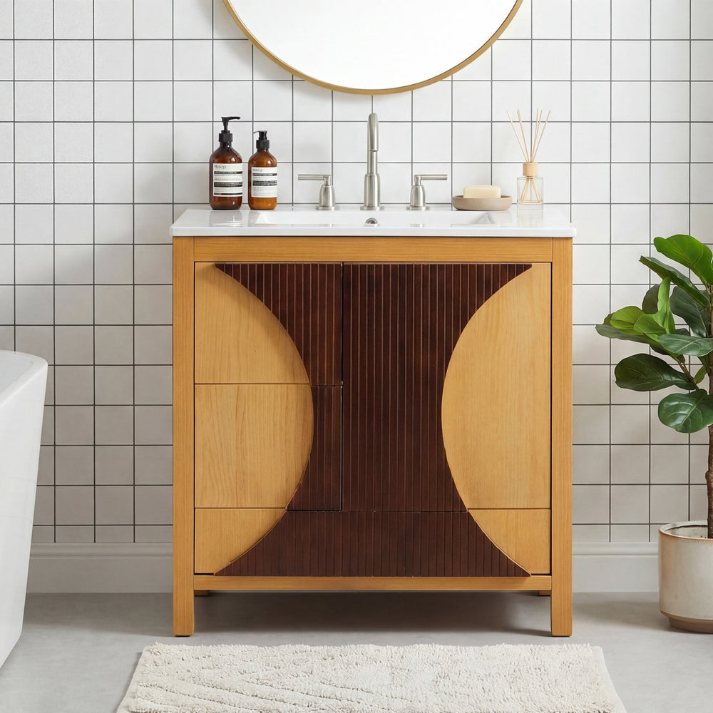 English Elm 30 Inch Fluted Freestanding Bathroom Vanity Solid Wood Soft Close Spa Style W5278S00003