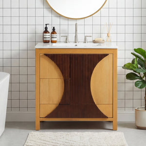 English Elm 30 Inch Fluted Freestanding Bathroom Vanity Solid Wood Soft Close Spa Style W5278S00003