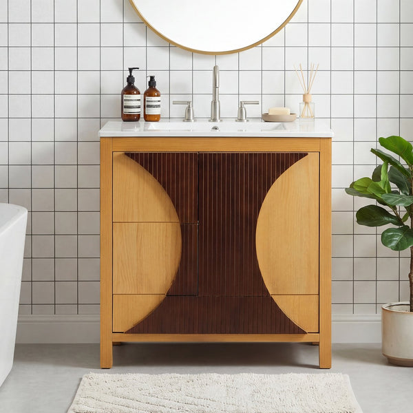 English Elm 30 Inch Fluted Freestanding Bathroom Vanity Solid Wood Soft Close Spa Style W5278S00003