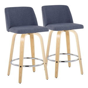 English Elm Toriano 26" Fixed Height Counter Stool Set Of 2 - Swivel Blue Fabric & Natural Wood With Chrome Footrest B202S00404-GIGA