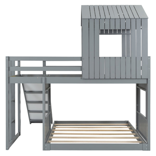 English Elm Wooden Twin Over Full Bunk Bed Farmhouse Playhouse Slide Pinewood Kids Loft Gray LT000328AAN