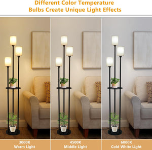 English Elm Floor Lamp With Shelves - 3-Light Industrial Design, Linen Shades & Foot Switch For Stylish Spaces W2738P185430