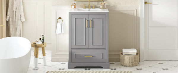 English Elm 24"bathroom Vanity Freestanding Gray Mdf Ceramic Sink Soft Close Storage Cabinet N729P321378E