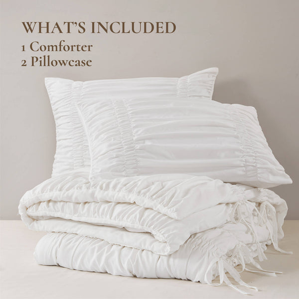 English Elm 2pcs Shabby Chic Ruched Comforter Set Bow Trim Brushed Polyester Fill Romantic Bedroom White B035P341082